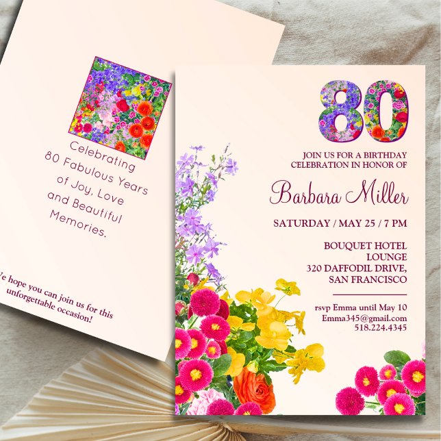 Invitación 80.ª fiesta de cumpleaños floral moderna fiesta de (Subido por el creador)