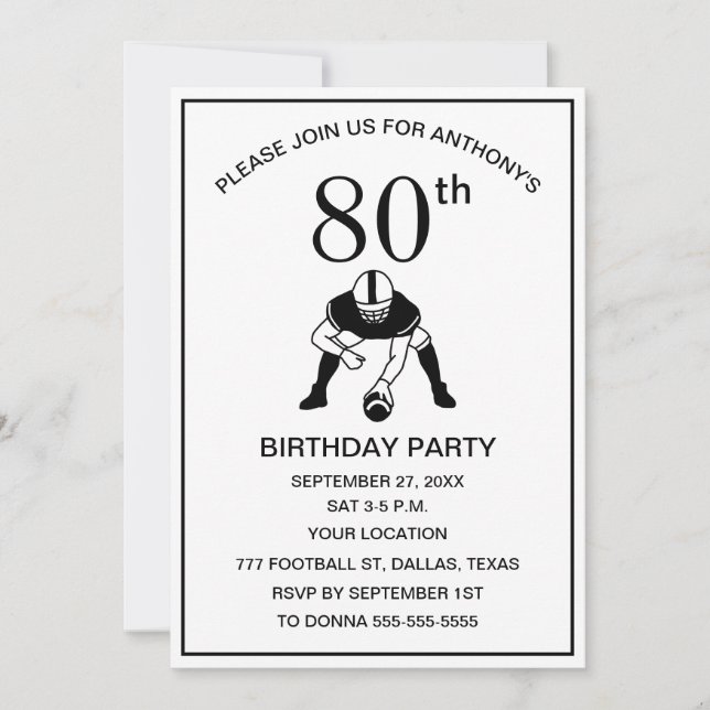Invitación 80.ª fiesta de cumpleaños Fútbol Black Dad Sport (Anverso)
