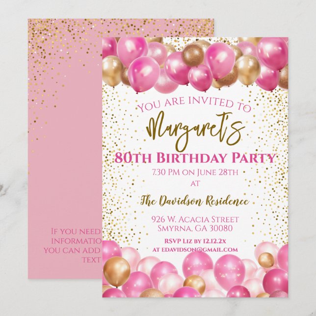 Invitación 80.ª fiesta de cumpleaños Globos rosados (Anverso / Reverso)