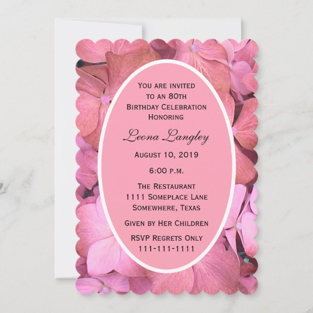 Invitación 80.ª Fiesta de cumpleaños Hidrangeas Rosadas (Anverso)