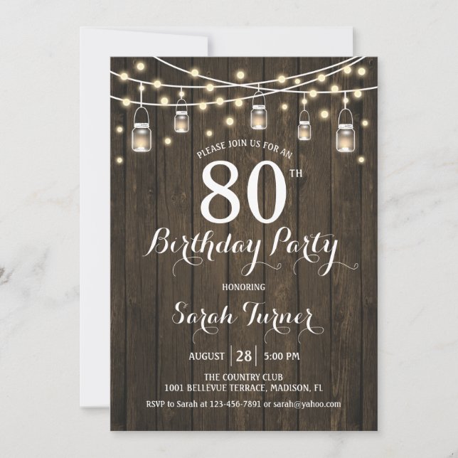 Invitación 80.ª Fiesta de Cumpleaños - Madera Rústica (Anverso)