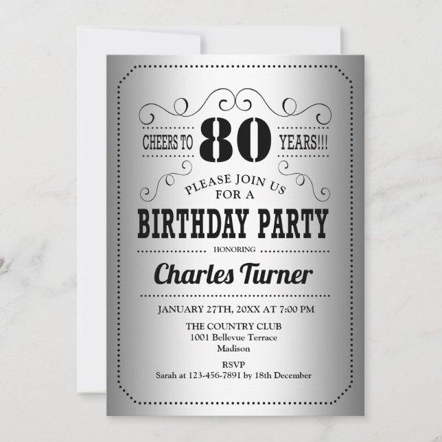 Invitación 80.ª fiesta de cumpleaños - negro plateado (Anverso)
