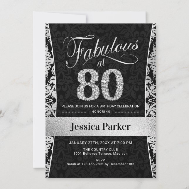 Invitación 80.ª fiesta de cumpleaños - negro plateado (Anverso)