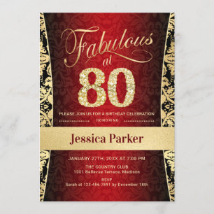 Invitación 80.ª fiesta de cumpleaños - Negro rojo dorado