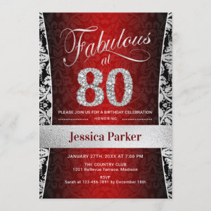 Invitación 80.ª fiesta de cumpleaños - negro rojo plateado