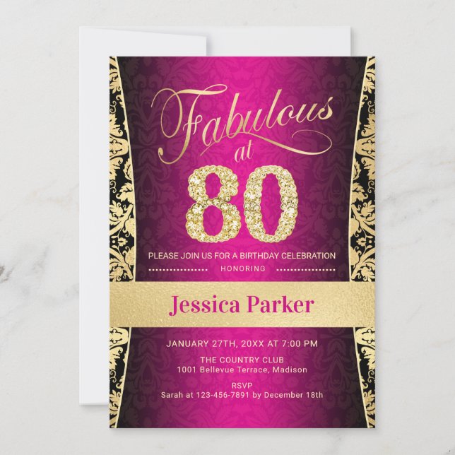 Invitación 80.ª fiesta de cumpleaños - Negro rosado de oro (Anverso)