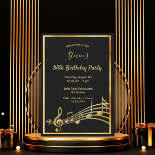Invitación 80.ª fiesta de cumpleaños notas de música en negro