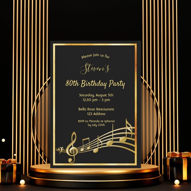 Invitación 80.ª fiesta de cumpleaños notas de música en negro (Subido por el creador)