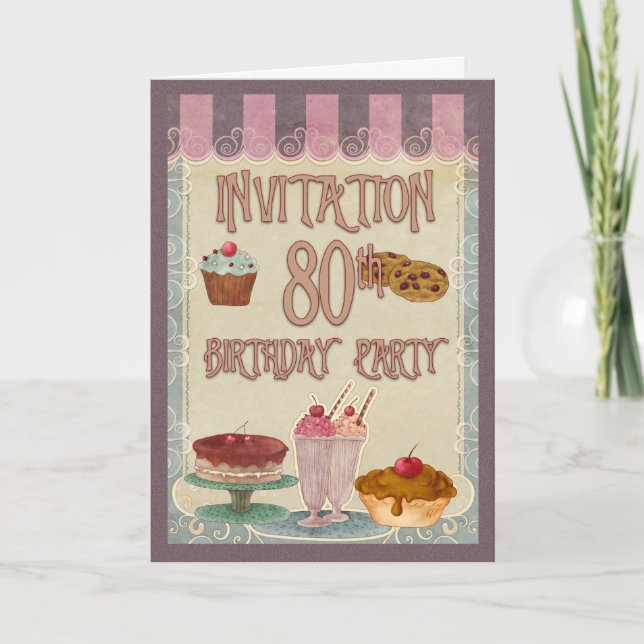 Invitación 80.ª fiesta de cumpleaños - pasteles, galletas, he (Anverso)