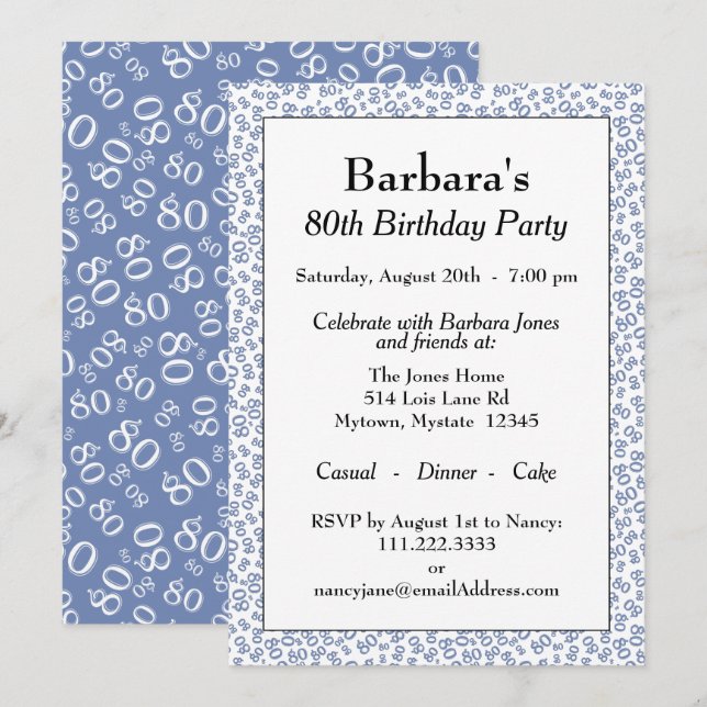 Invitación 80.ª fiesta de cumpleaños Patrón de números azul y (Anverso / Reverso)
