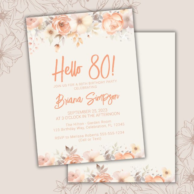Invitación 80.ª fiesta de cumpleaños Peach Beige Ivory Floral (Subido por el creador)