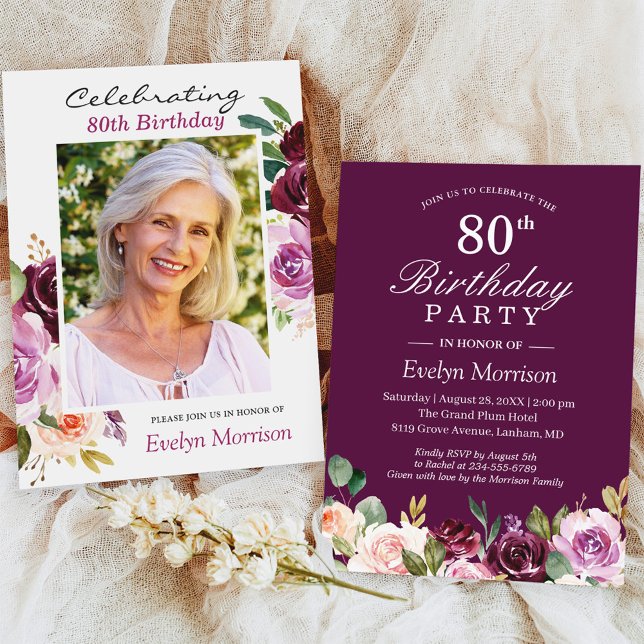 Invitación 80.ª fiesta de cumpleaños Plum Purple Rubor Floral (Subido por el creador)