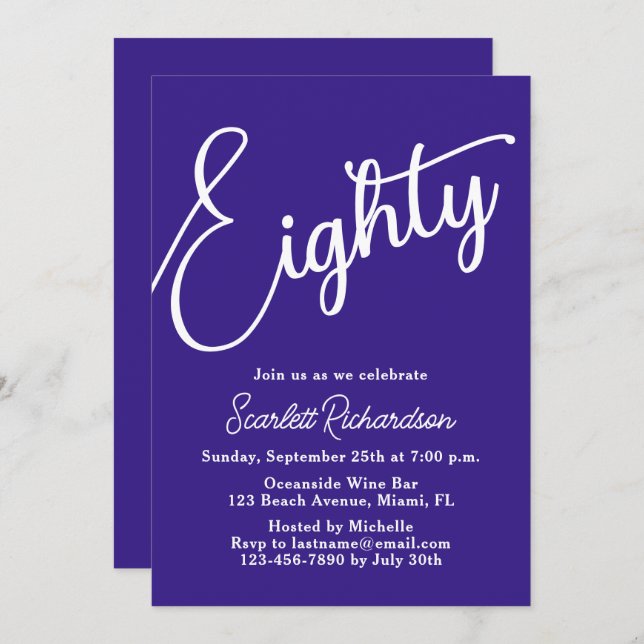 Invitación 80.ª fiesta de cumpleaños Purple 80 de escritura m (Anverso / Reverso)