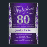 Invitación 80.ª fiesta de cumpleaños - Púrpura plateado<br><div class="desc">80.ª invitación a la fiesta de cumpleaños en morado y plata. Elegante carta de invitación con falsos purpurinas de plata y diamantes. Presenta el patrón de damasco y el tipo de letra del guión. ¡Fabuloso a los ochenta! El diseño clásico es perfecto para un fiesta elegante. Por favor, envíame un...</div>