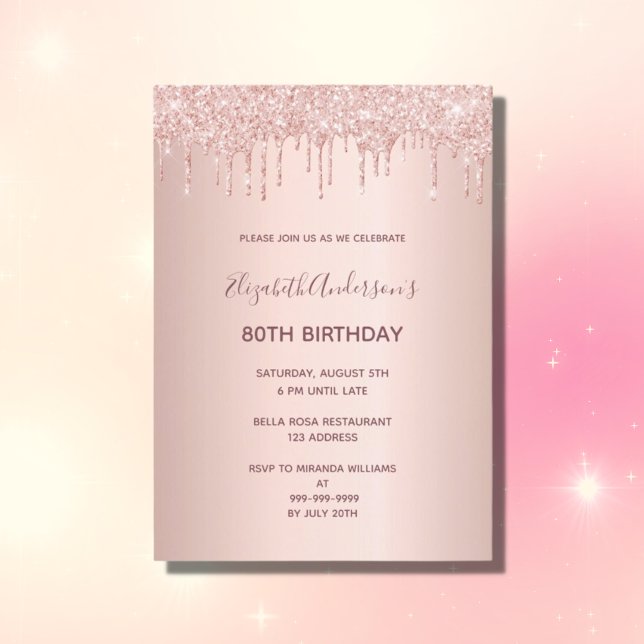 Invitación 80.ª fiesta de cumpleaños rosa oro purpurina goteo (Subido por el creador)
