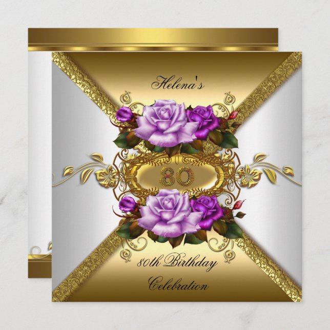 Invitación 80.ª fiesta de cumpleaños Rosas elegantes Purple G (Anverso / Reverso)