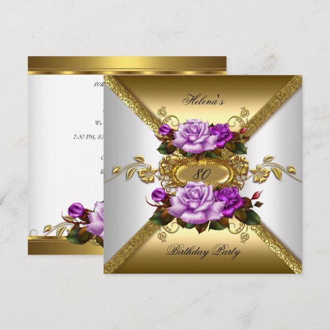 Invitación 80.ª Fiesta de Cumpleaños Rosas Elegantes Purple G (Anverso / Reverso)