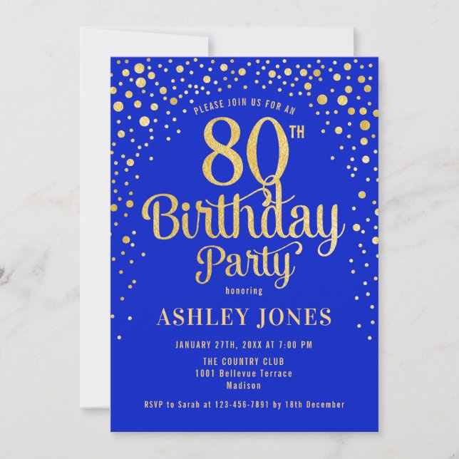 Invitación 80.ª Fiesta de Cumpleaños - Royal Blue & Gold (Anverso)
