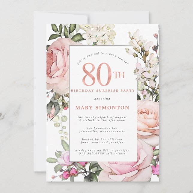 Invitación 80.ª fiesta de cumpleaños Rubor Pink Rose Floral (Anverso)