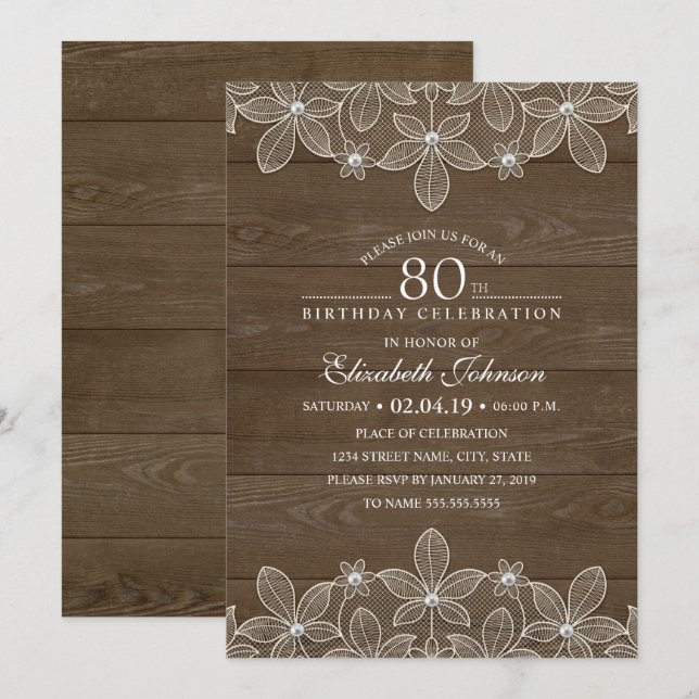 Invitación 80.ª fiesta de cumpleaños Rustic Wood Unique Lace (Anverso / Reverso)