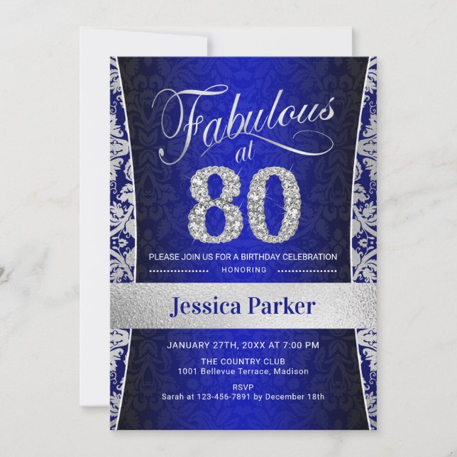 Invitación 80.ª fiesta de cumpleaños - Silver Royal Blue (Anverso)