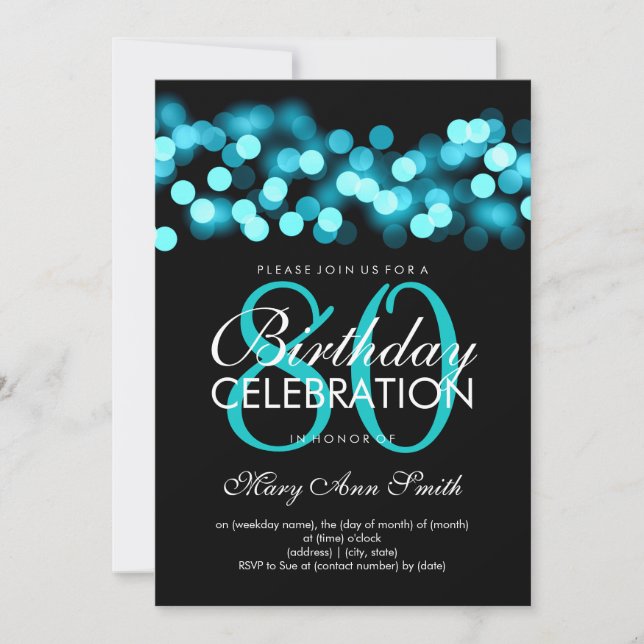 Invitación 80.ª fiesta de cumpleaños Turquoise Hollywood Glam (Anverso)