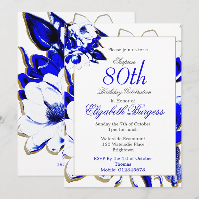 Invitación 80.ª floral azul y primavera blanca elegante cumpl (Anverso / Reverso)