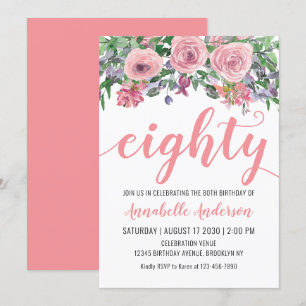 Invitación 80.ª floral Rubor Pink Watercolor Rustic