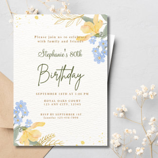 Invitación 80.ª Flores Azules Amarillas Boho Watercolor Cumpl