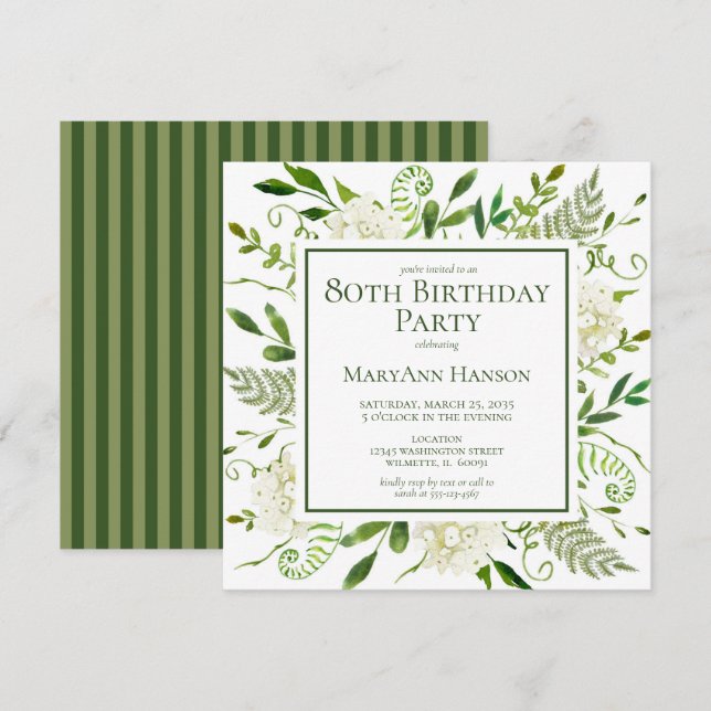 Invitación 80.ª Hidrangeas Blancas de Cumpleaños (Anverso / Reverso)
