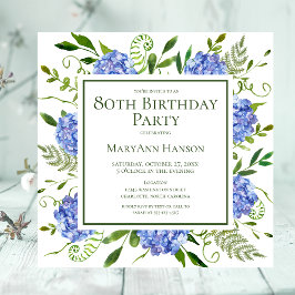Invitación 80.ª Nacimiento Hidráneas Azules Acuarela Floral