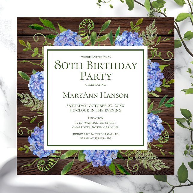 Invitación 80.ª Nacimiento Hidráneas Azules Acuarela Floral (Subido por el creador)