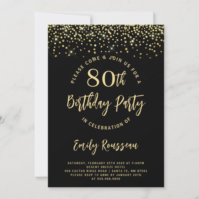 Invitación 80.ª Purpurina de oro de cumpleaños Confetti Black (Anverso)