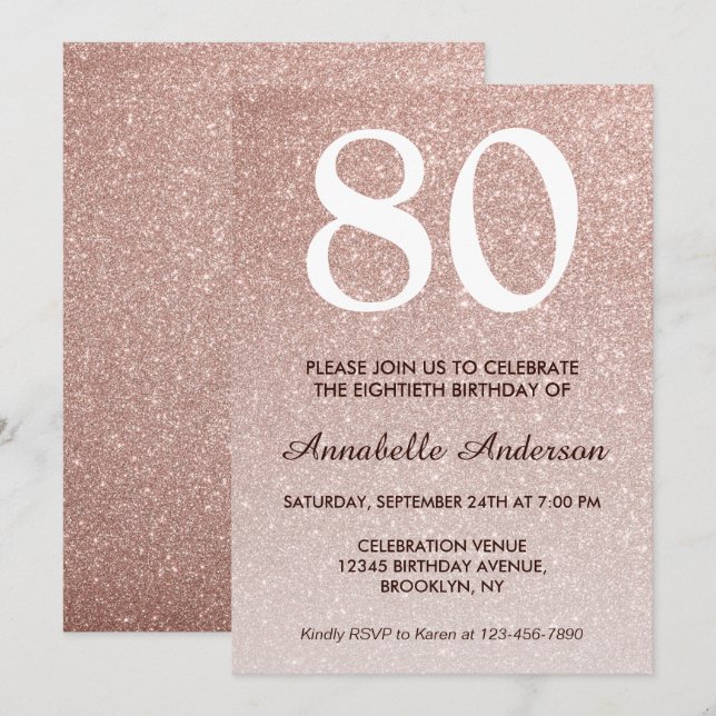 Invitación 80.ª Purpurina de oro rosa de cumpleaños Sparkle O (Anverso / Reverso)