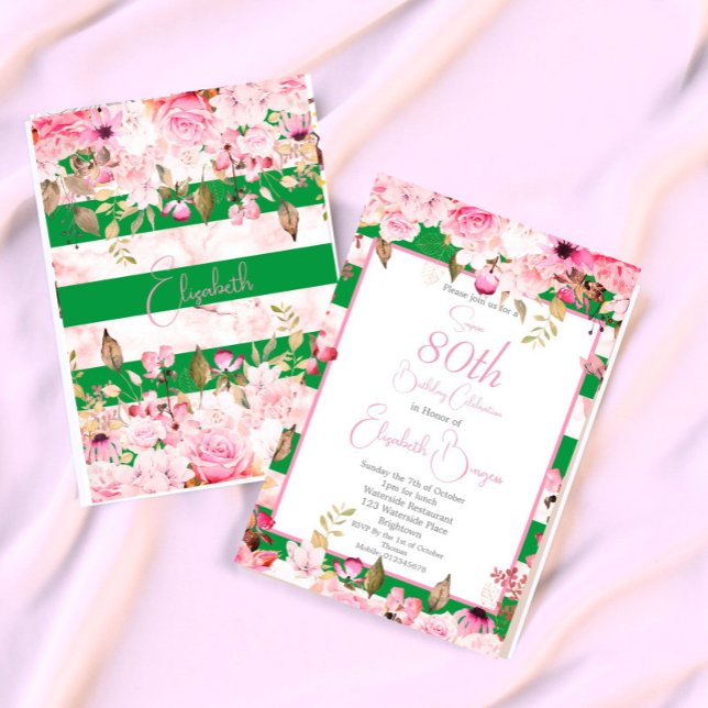 Invitación 80.ª Rosa floral de cumpleaños franja rosa verde (Subido por el creador)