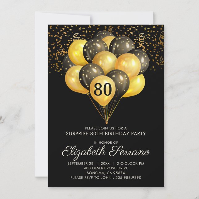Invitación 80.ª sorpresa Cumpleaños Purpurina de Oro Negro (Anverso)