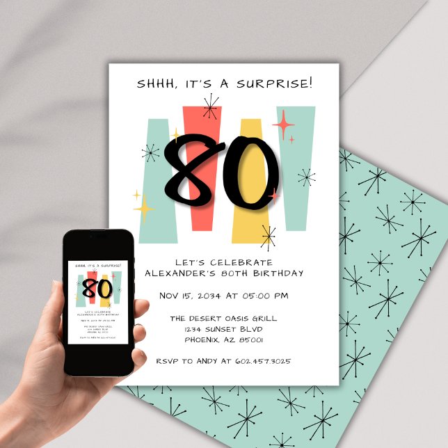 Invitación 80.ª Sorpresa Cumpleaños Retro Medio siglo Moderno (Subido por el creador)