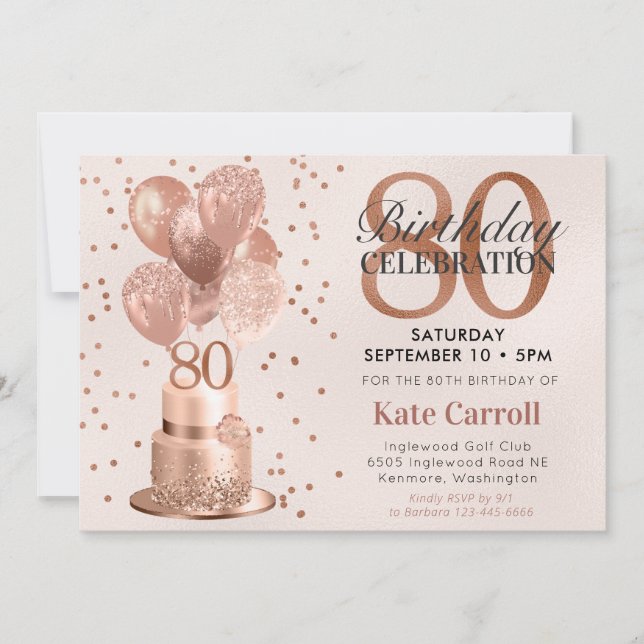 Invitación 80.ª tarta de oro Rosa de cumpleaños (Anverso)