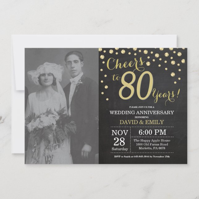 Invitación 80.º Aniversario Boda Chalkboard Negro y Oro (Anverso)