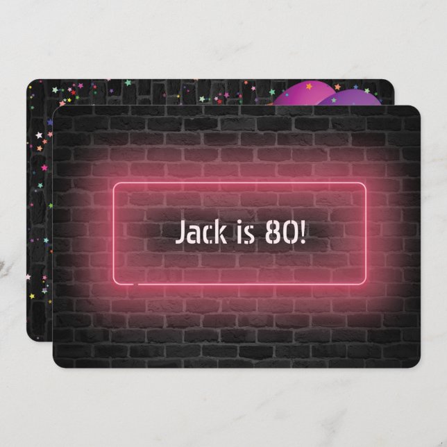 Invitación 80.º cartel de neón de la fiesta de cumpleaños en  (Anverso / Reverso)