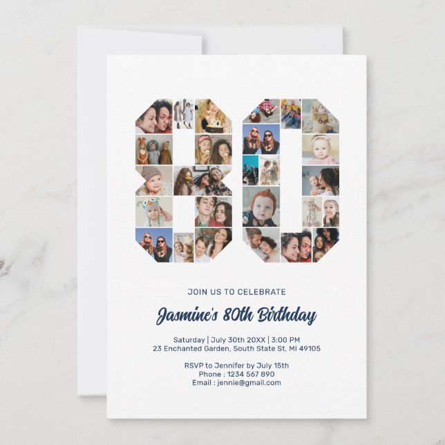 Invitación 80.º Collage de fotos número 80 Personalizados (Anverso)
