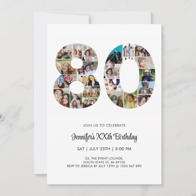 Invitación 80.º Collage de fotos número 80 Personalizados (Anverso)