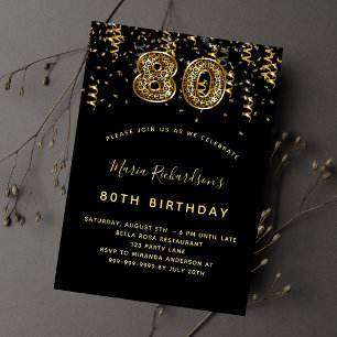 Invitación 80.º confeti de patrón de leopardo de oro negro