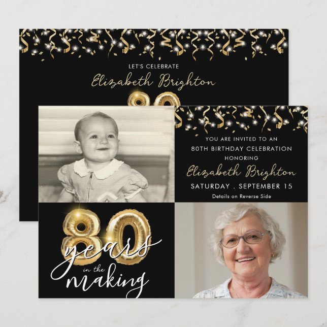Invitación 80.º cumpleaños 2 fotos guión de globos de oro neg (Anverso / Reverso)