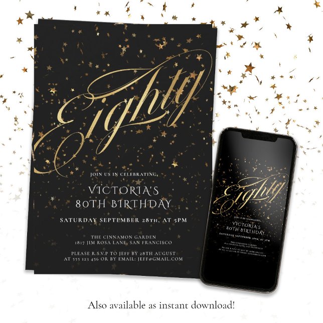 Invitación 80.º cumpleaños 80 Black Gold Confetti Elegante (80th Birthday Eighty Black Gold Confetti Elegant Invitation)