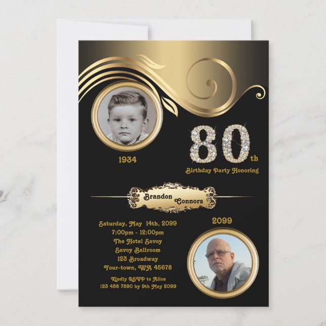 Invitación 80.º cumpleaños 80, deco de arte, oro negro (Anverso)