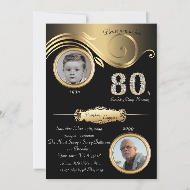 Invitación 80.º cumpleaños 80, elegante deco de arte, negro s (Anverso)
