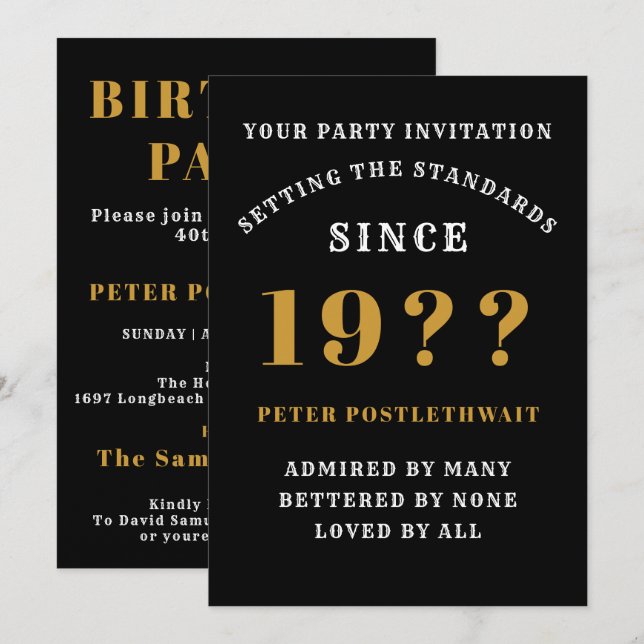 Invitación 80.º Cumpleaños Añadir Nombre Año Oro Negro Para É (Anverso / Reverso)