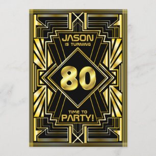 Invitación 80.º cumpleaños Art Deco Oro Gran Gatsby Negro