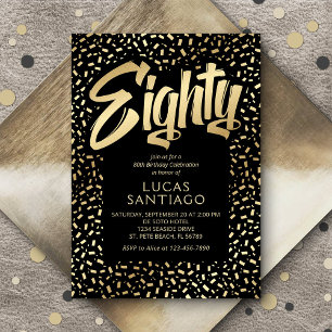 Invitación 80.º cumpleaños Black Gold Confetti